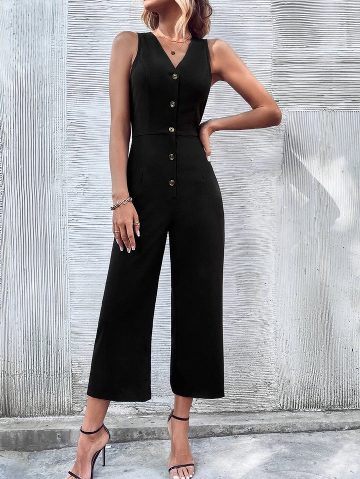 Button Front Sleeveless Jumpsuit