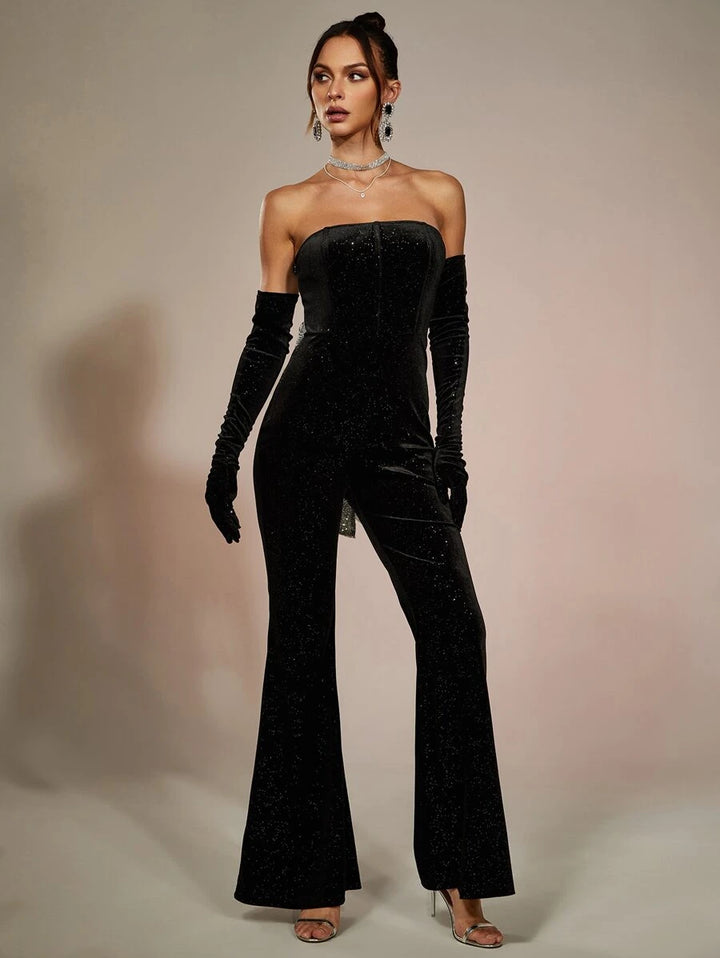 Glitter Flare Leg Jumpsuit With Arm Sleeves