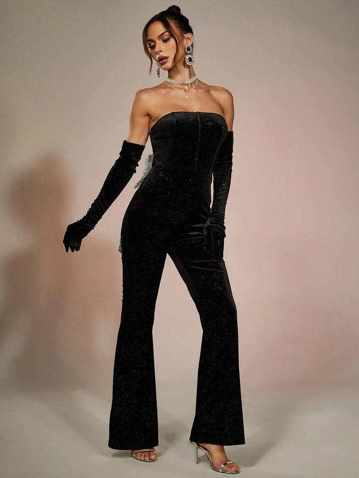 Glitter Flare Leg Jumpsuit With Arm Sleeves