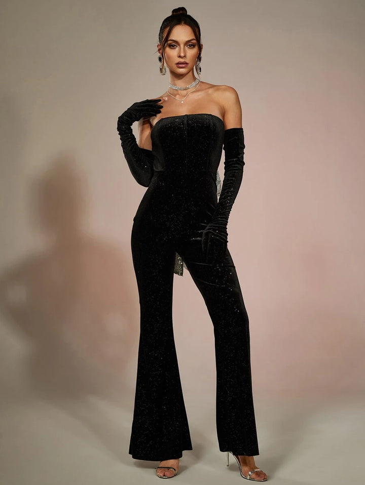 Glitter Flare Leg Jumpsuit With Arm Sleeves