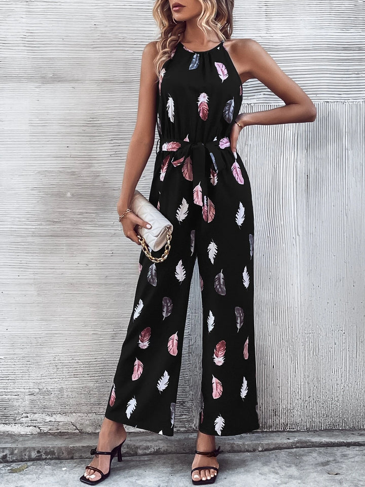 Bedruckter Neckholder-Jumpsuit mit Gürtel