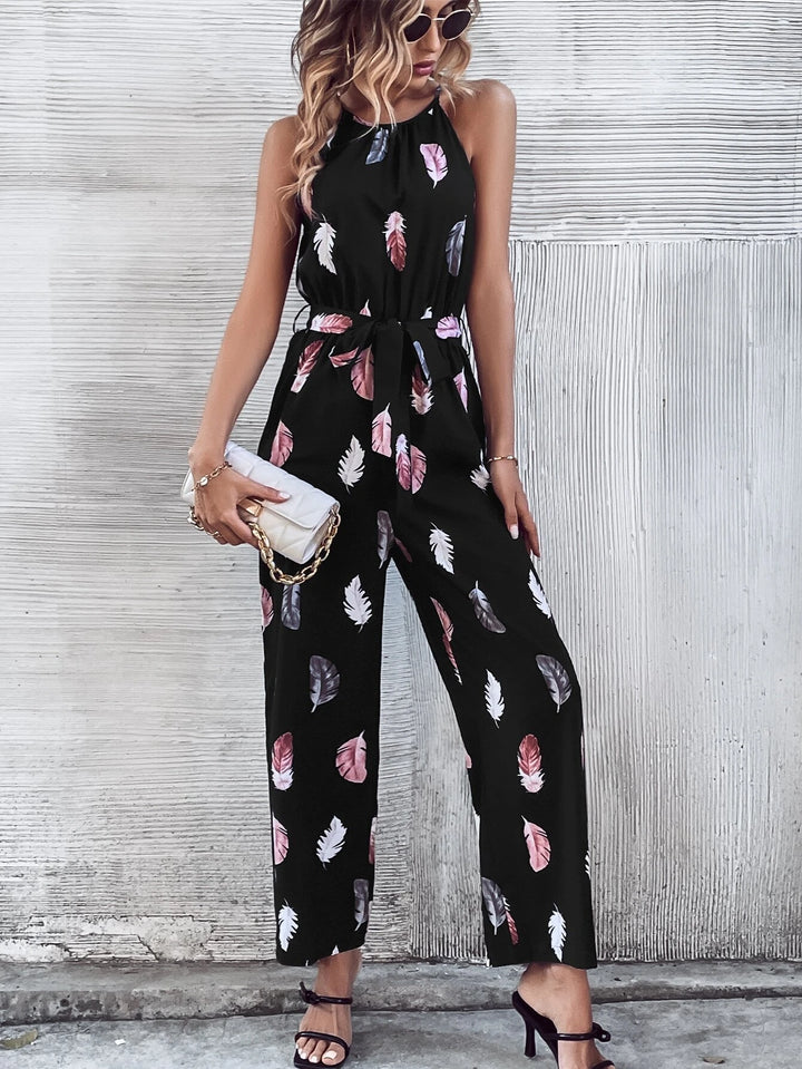 Print Belted Halter Jumpsuit