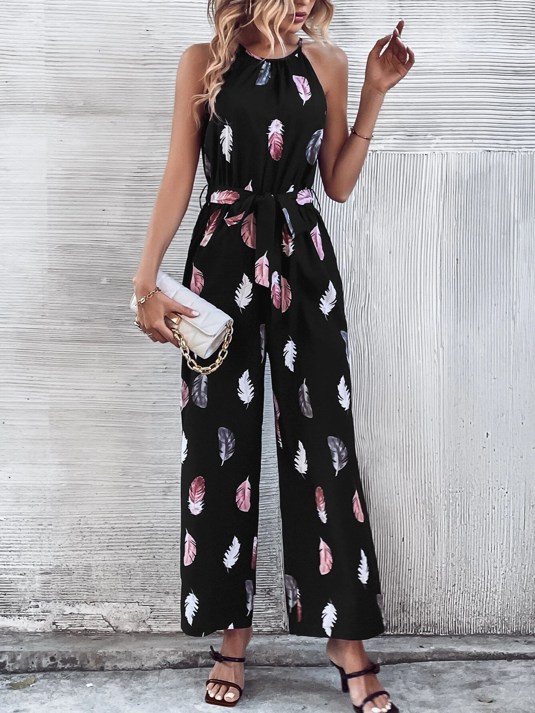 Print Belted Halter Jumpsuit