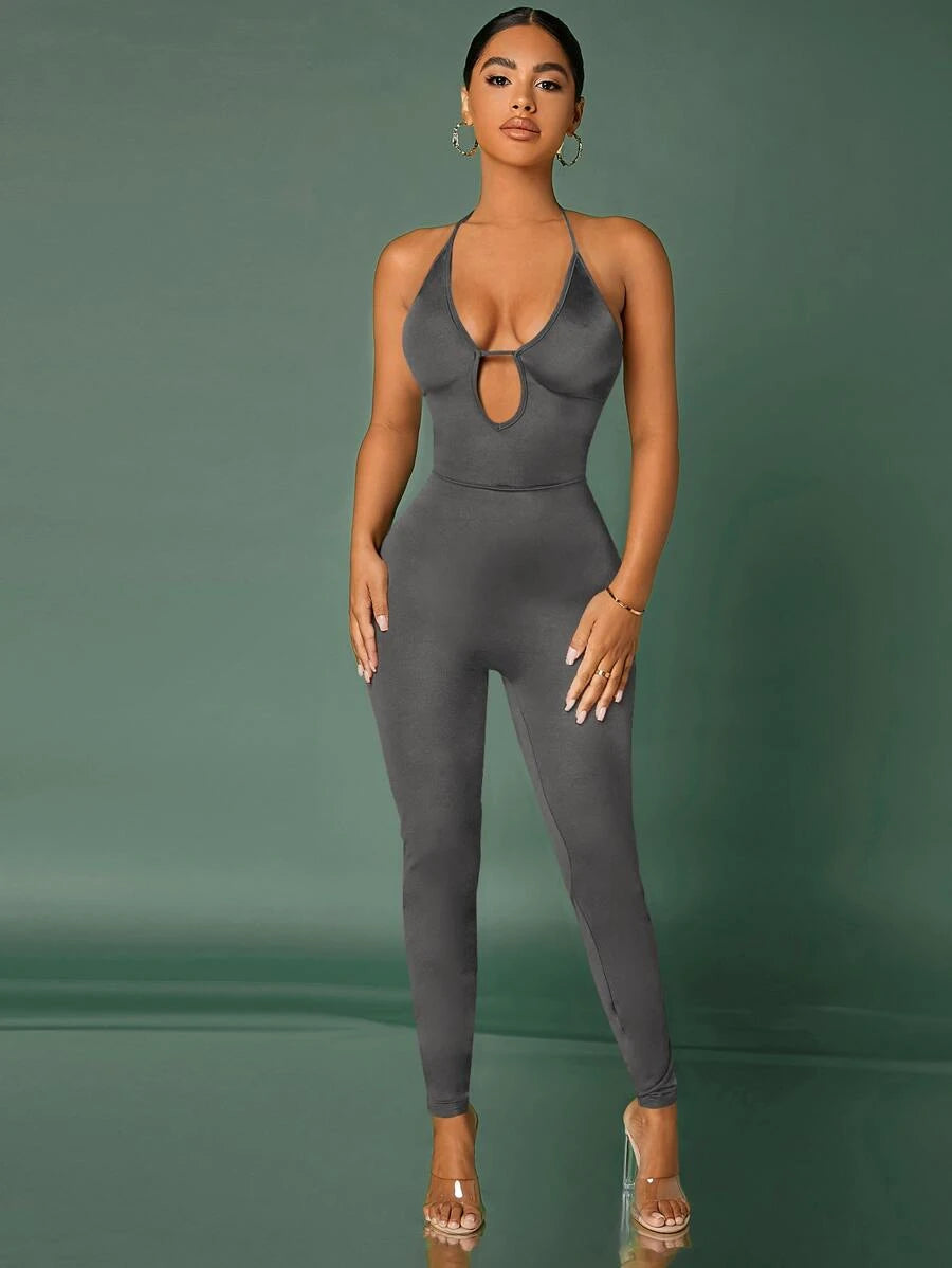 Backless Cut Out Plunging Neck Halter Jumpsuit