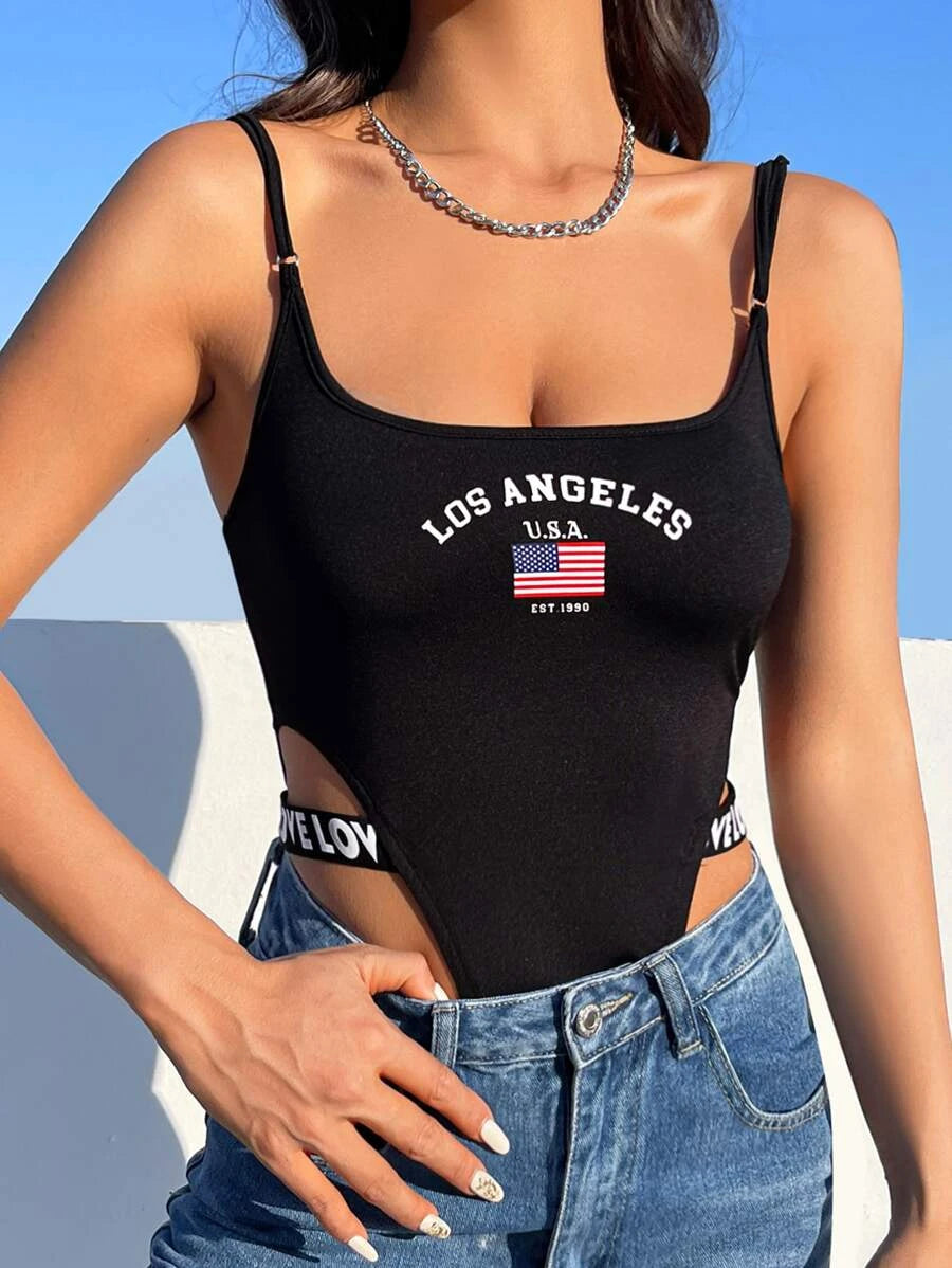 American Flag & Letter Graphic High Cut Cami Bodysuit