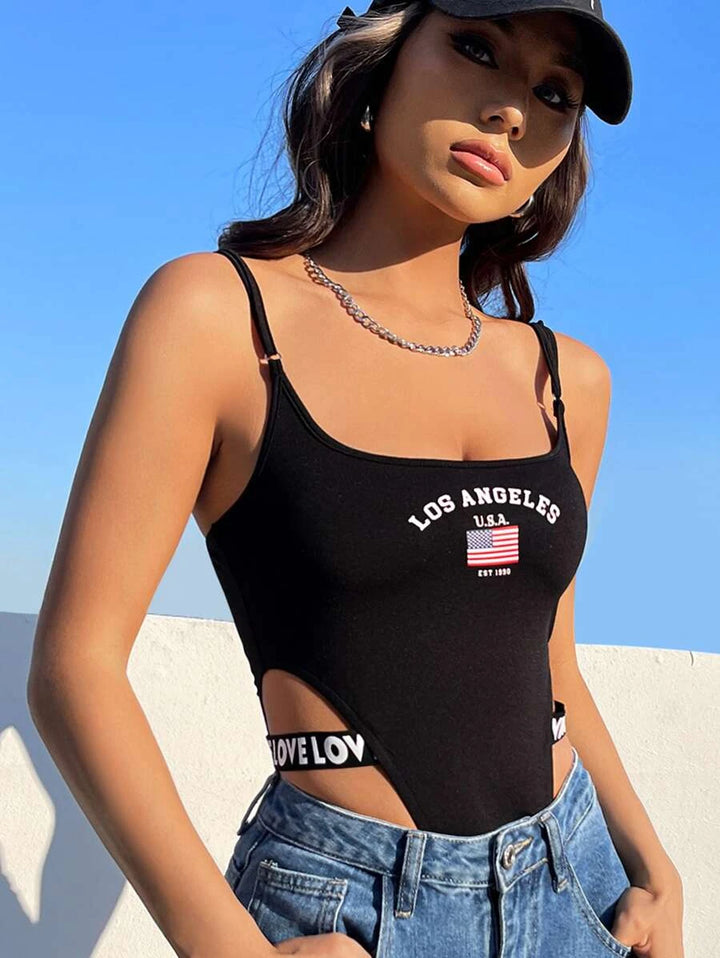 American Flag & Letter Graphic High Cut Cami Bodysuit