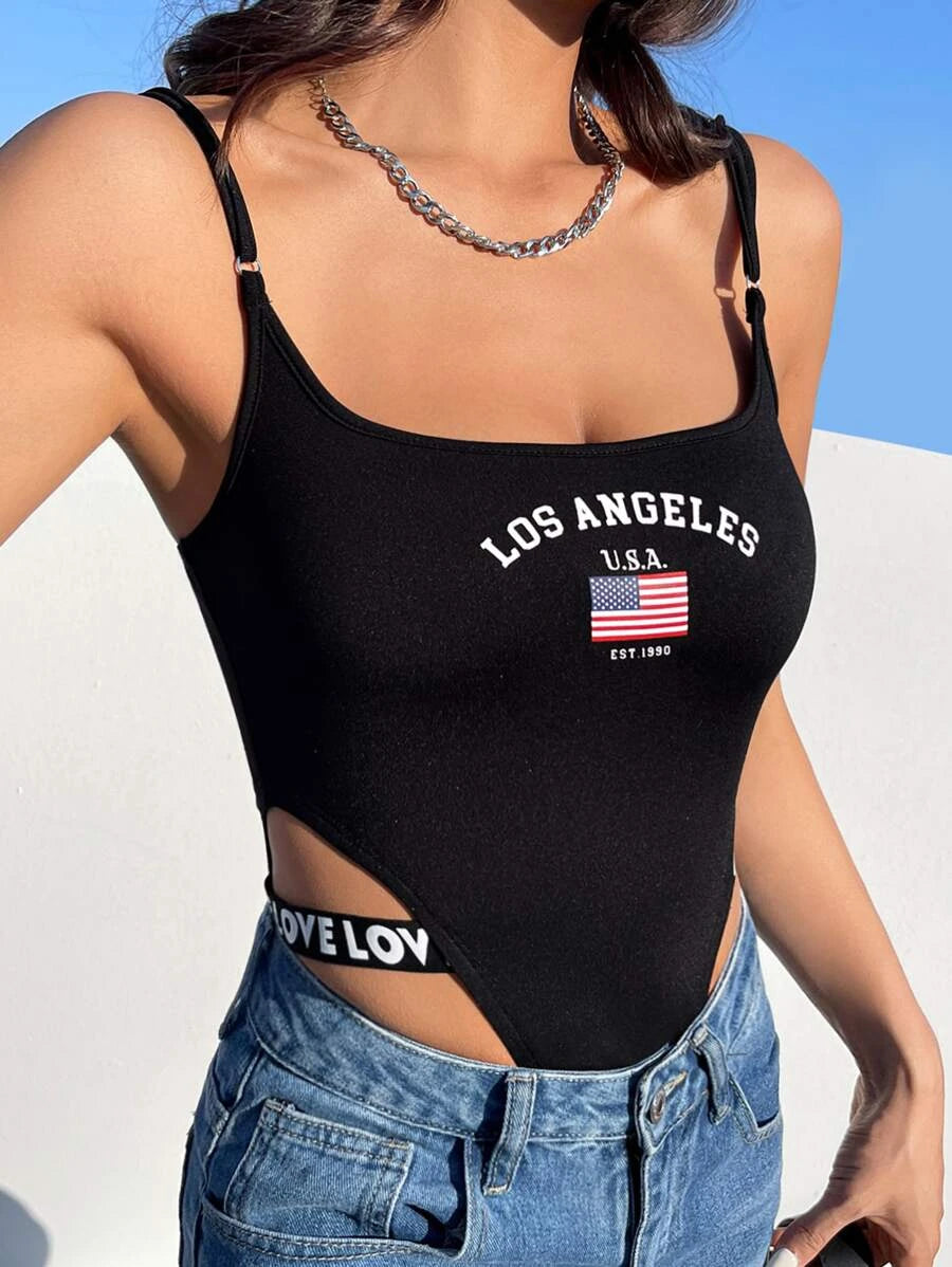 American Flag & Letter Graphic High Cut Cami Bodysuit