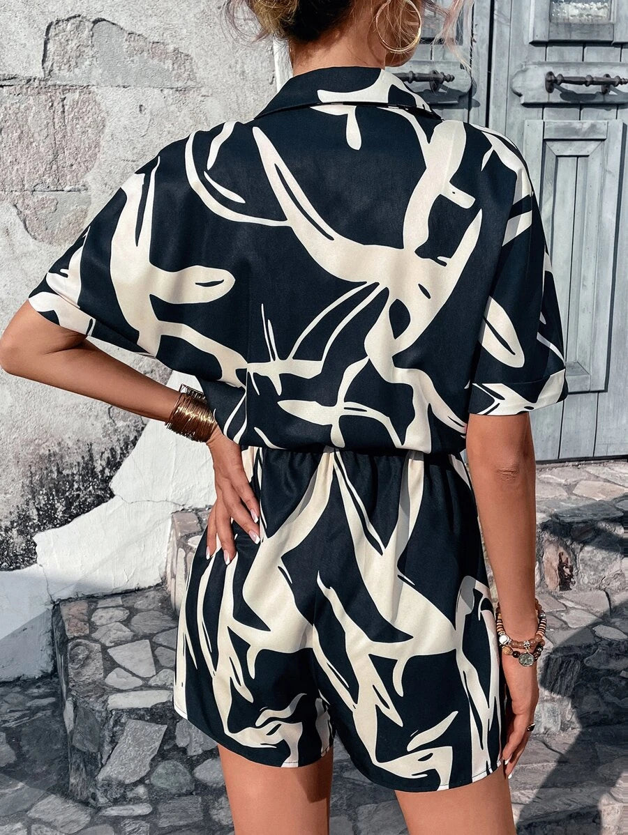 Graphic Print Front Knot Romper