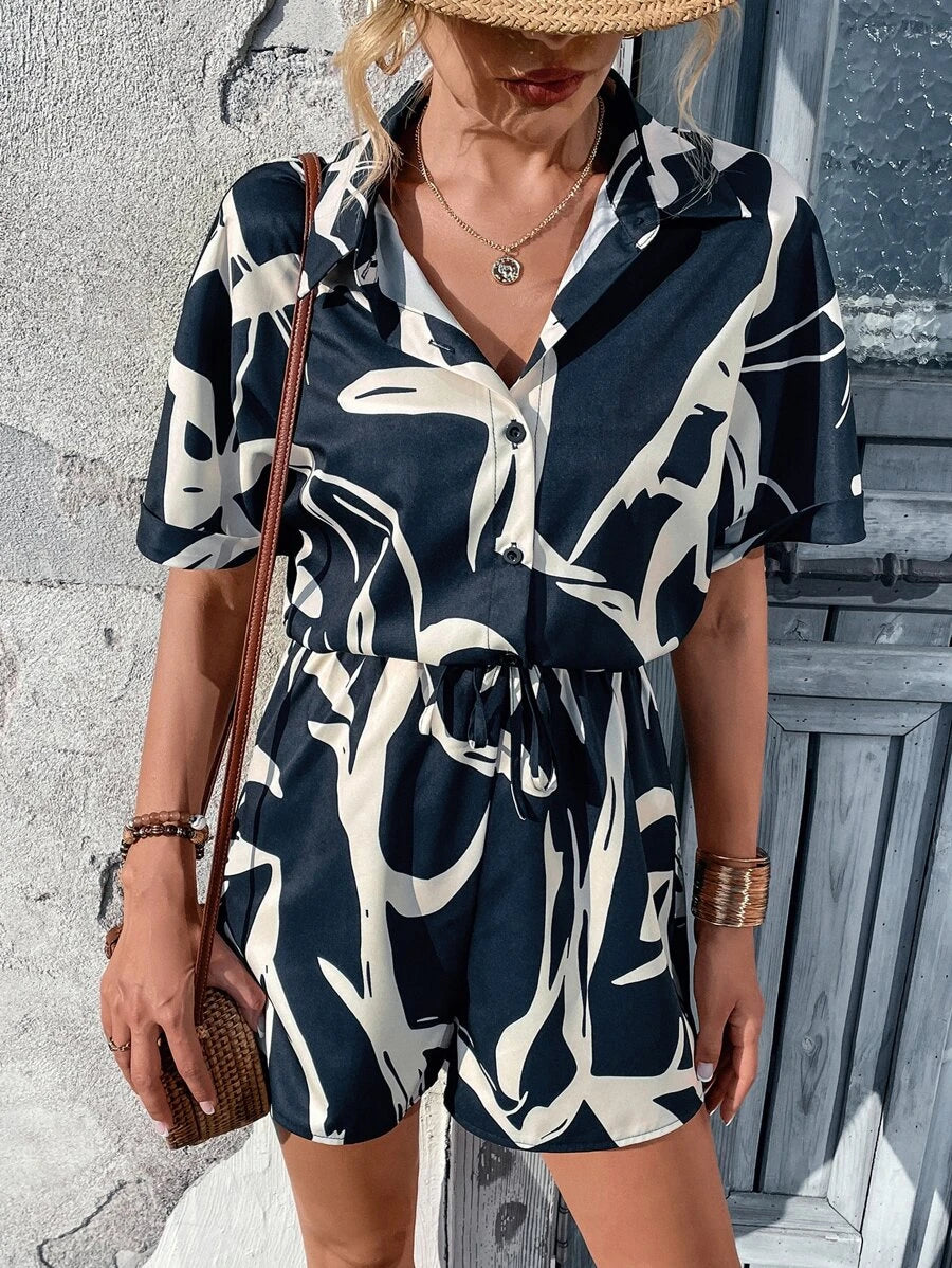 Graphic Print Front Knot Romper