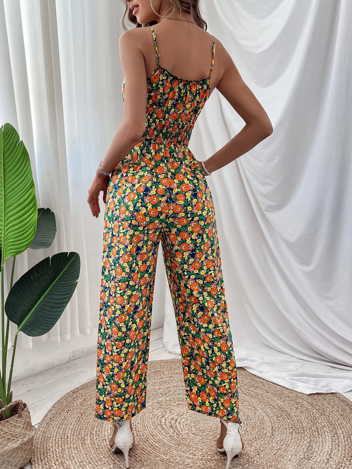 Allover Floral Print Tie Front Cami Jumpsuit
