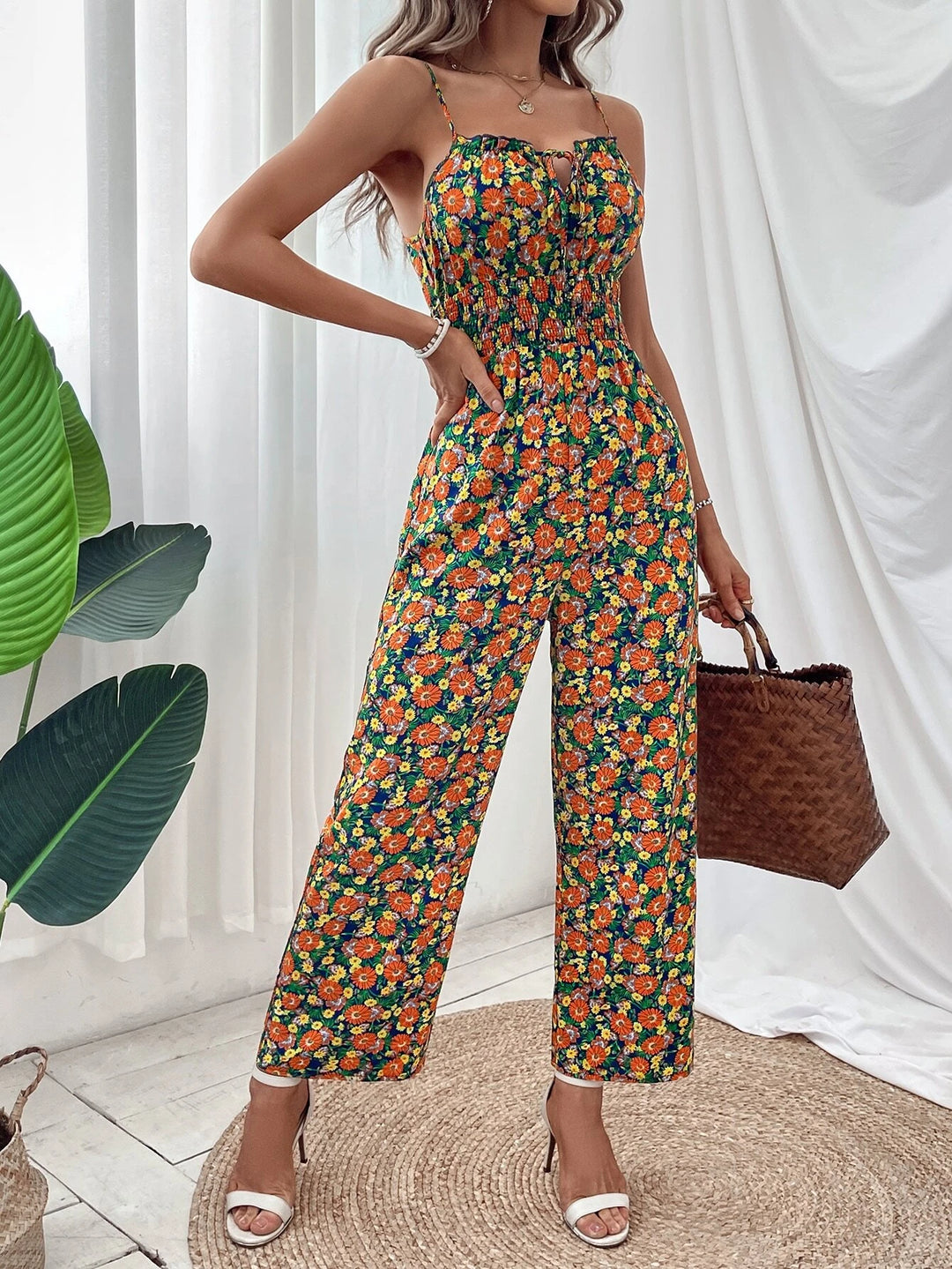 Allover Floral Print Tie Front Cami Jumpsuit