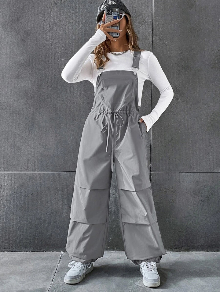 Drawstring Waist Slant Pocket Overall Jumpsuit Without Tee