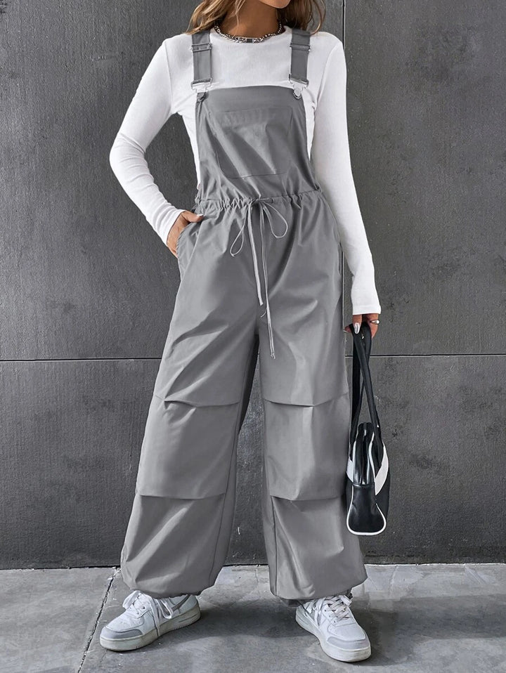 Drawstring Waist Slant Pocket Overall Jumpsuit Without Tee