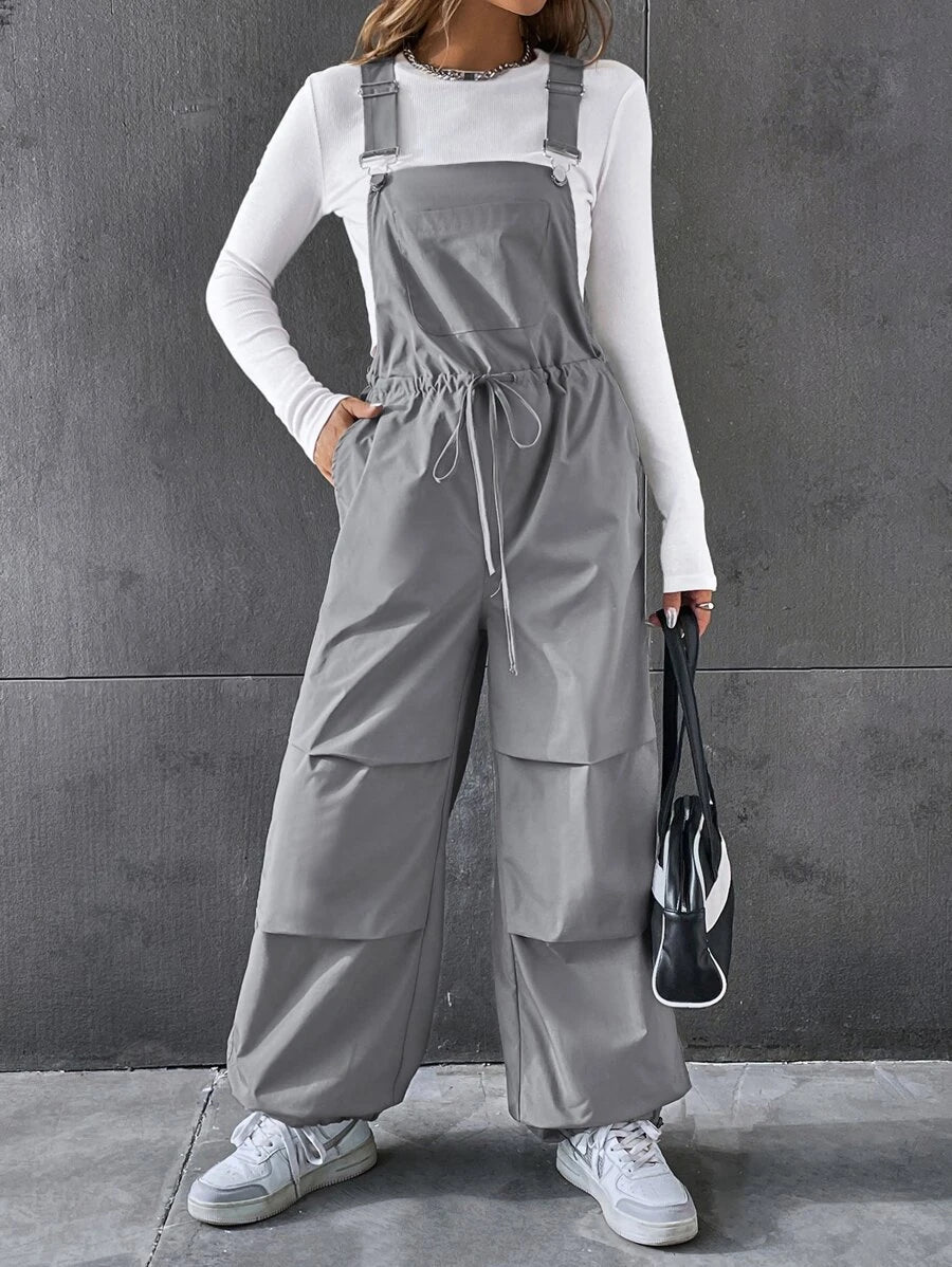 Drawstring Waist Slant Pocket Overall Jumpsuit Without Tee