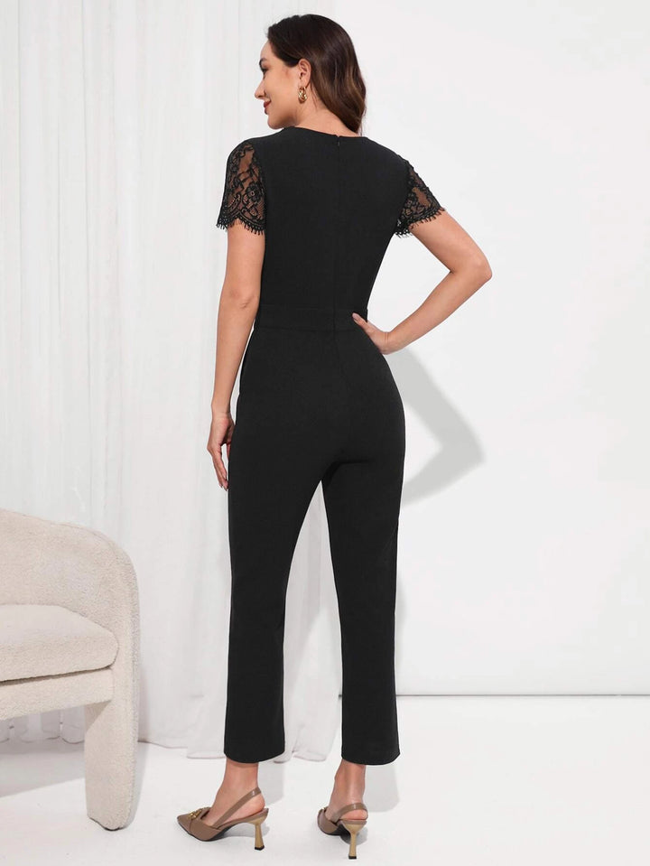 Contrast Lace Sleeve Overlap Collar Jumpsuit