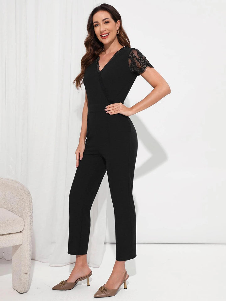 Contrast Lace Sleeve Overlap Collar Jumpsuit