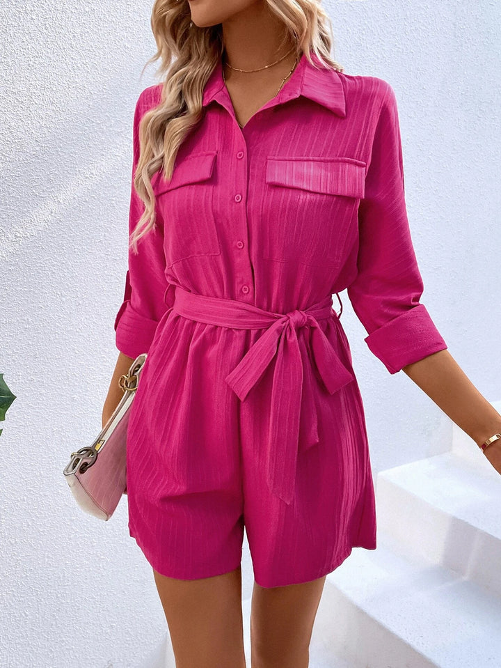 Flap Detail Belted Shirt Romper