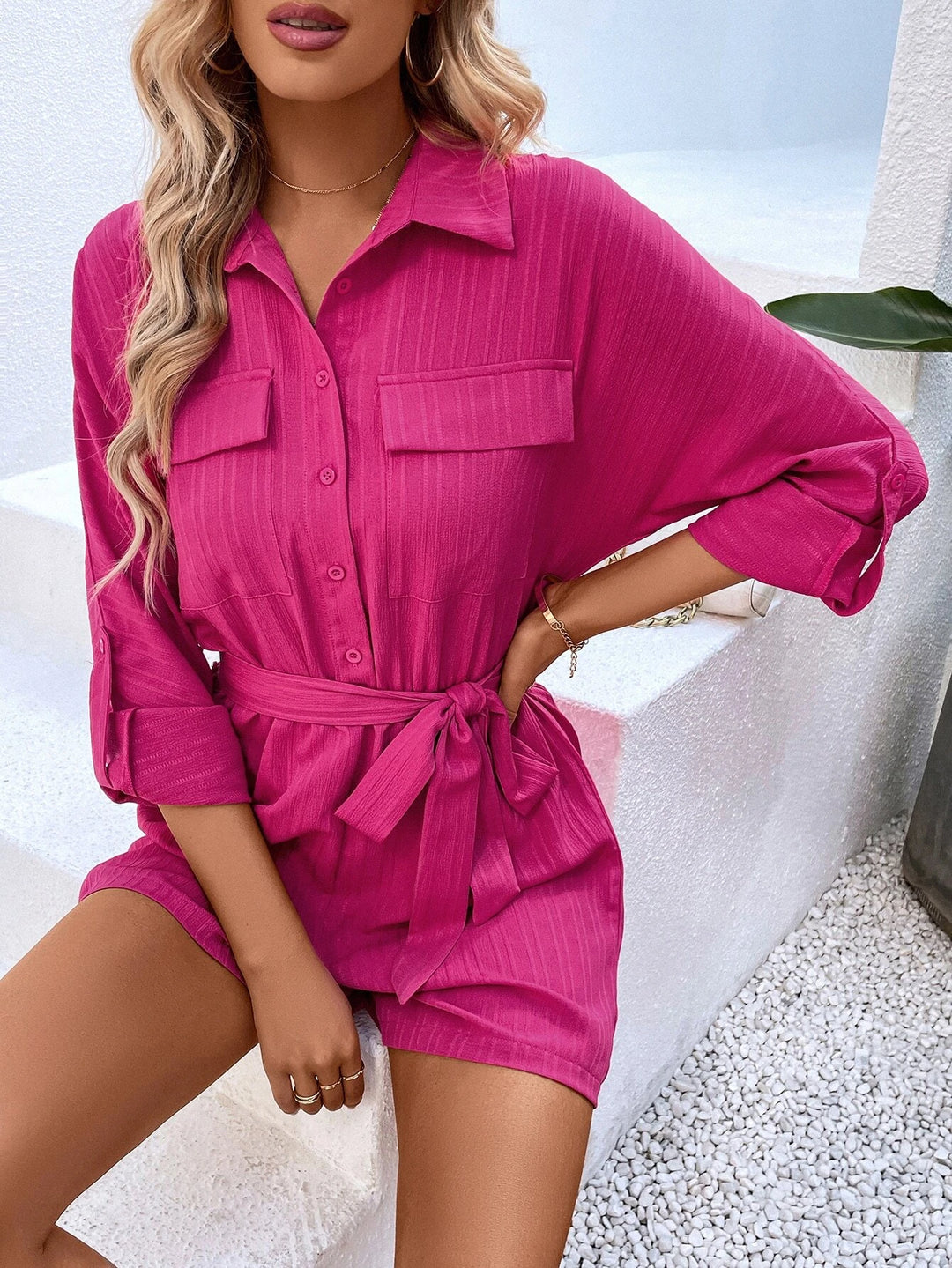 Flap Detail Belted Shirt Romper