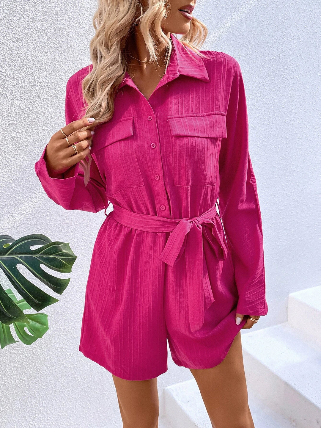 Flap Detail Belted Shirt Romper