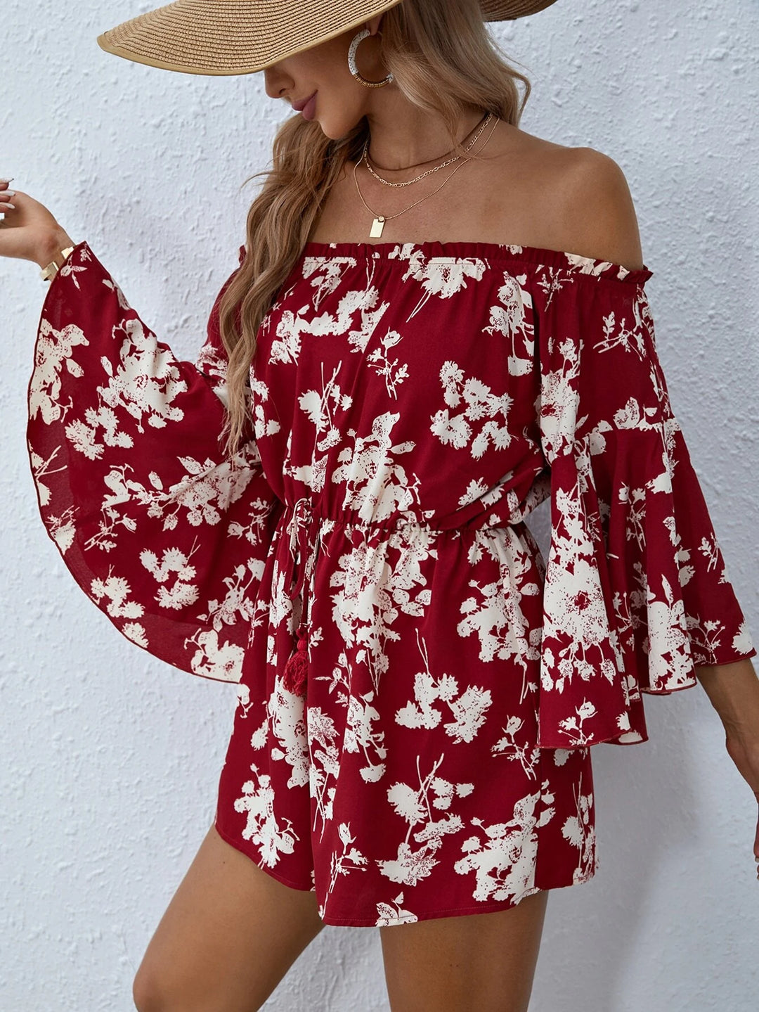 Floral Print Off Shoulder Romper