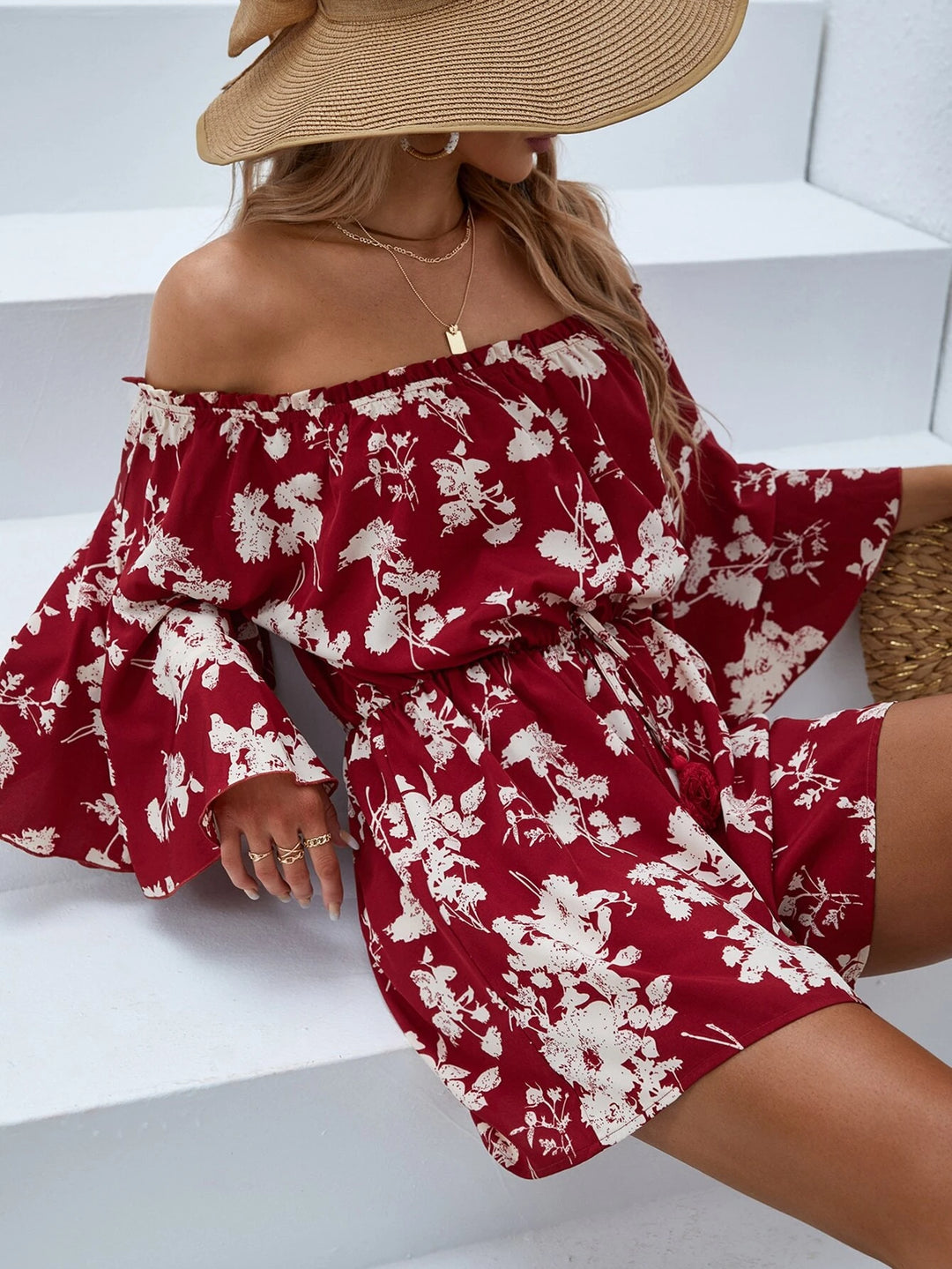 Floral Print Off Shoulder Romper