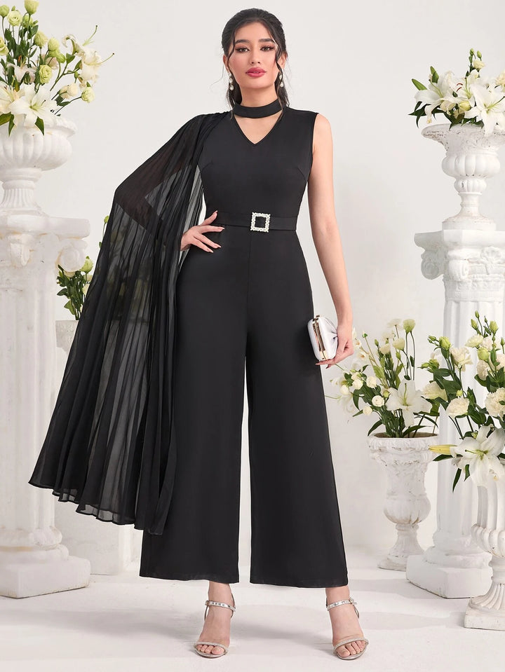 Neck Pleated Detail Jumpsuit Without Belt