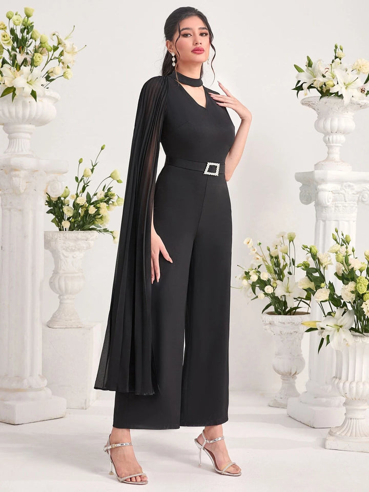 Neck Pleated Detail Jumpsuit Without Belt