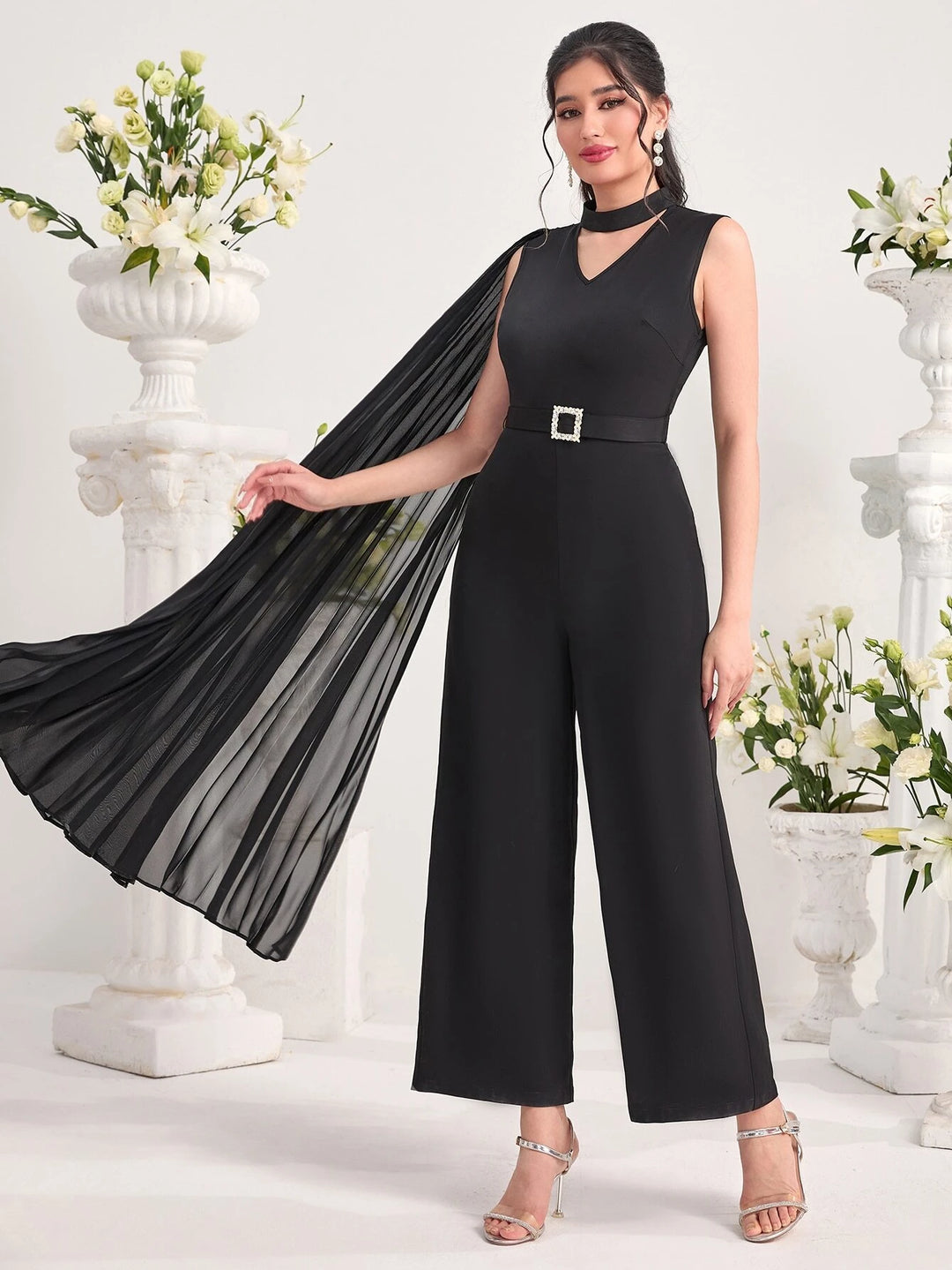 Neck Pleated Detail Jumpsuit Without Belt