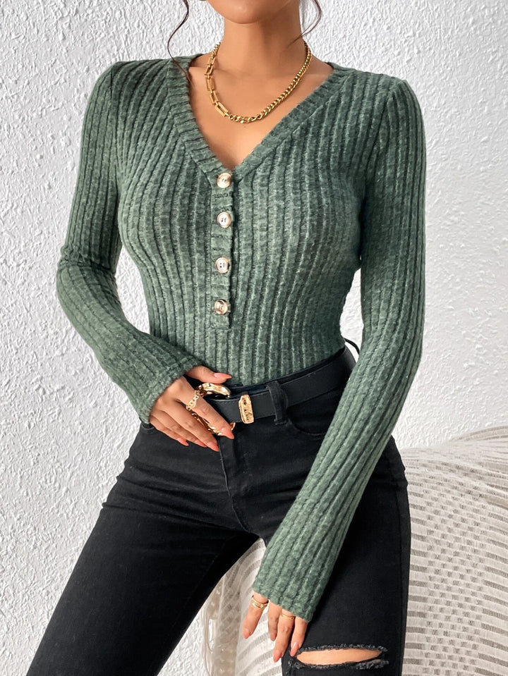 Ribbed Knit Half Button Plain Bodysuit