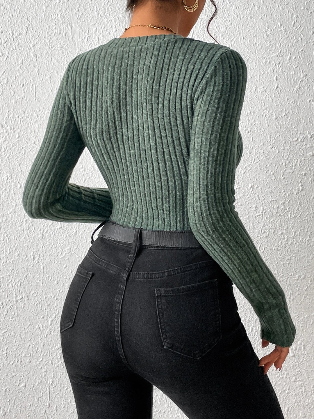 Ribbed Knit Half Button Plain Bodysuit