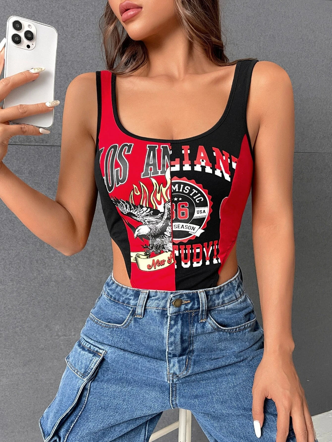 Letter Graphic Contrast Binding Tank Bodysuit