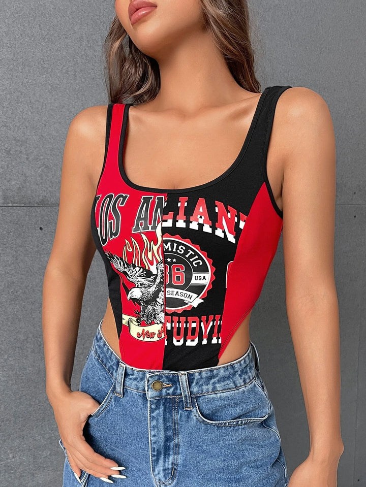 Letter Graphic Contrast Binding Tank Bodysuit