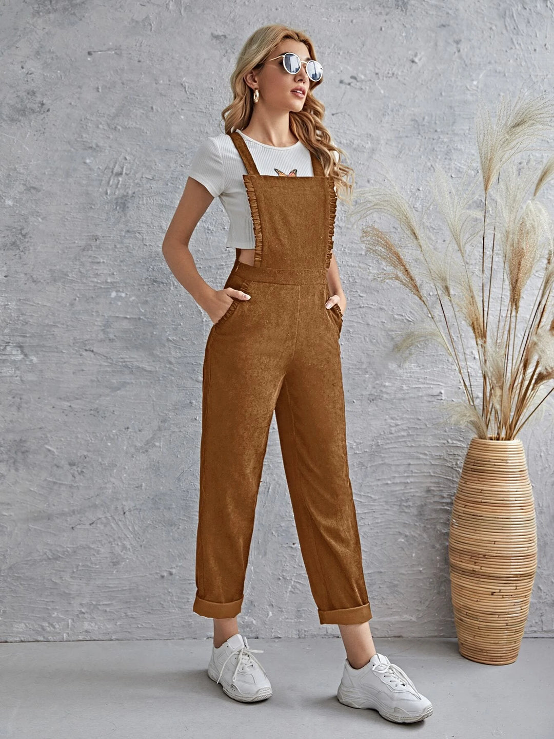 Sleeveless Pocket Front Cord Overalls