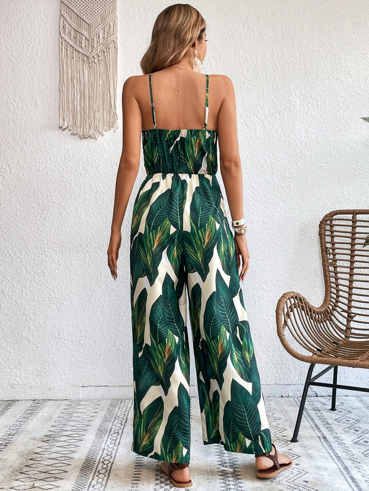 Tropical Print Wide Leg Cami Jumpsuit Without Belt