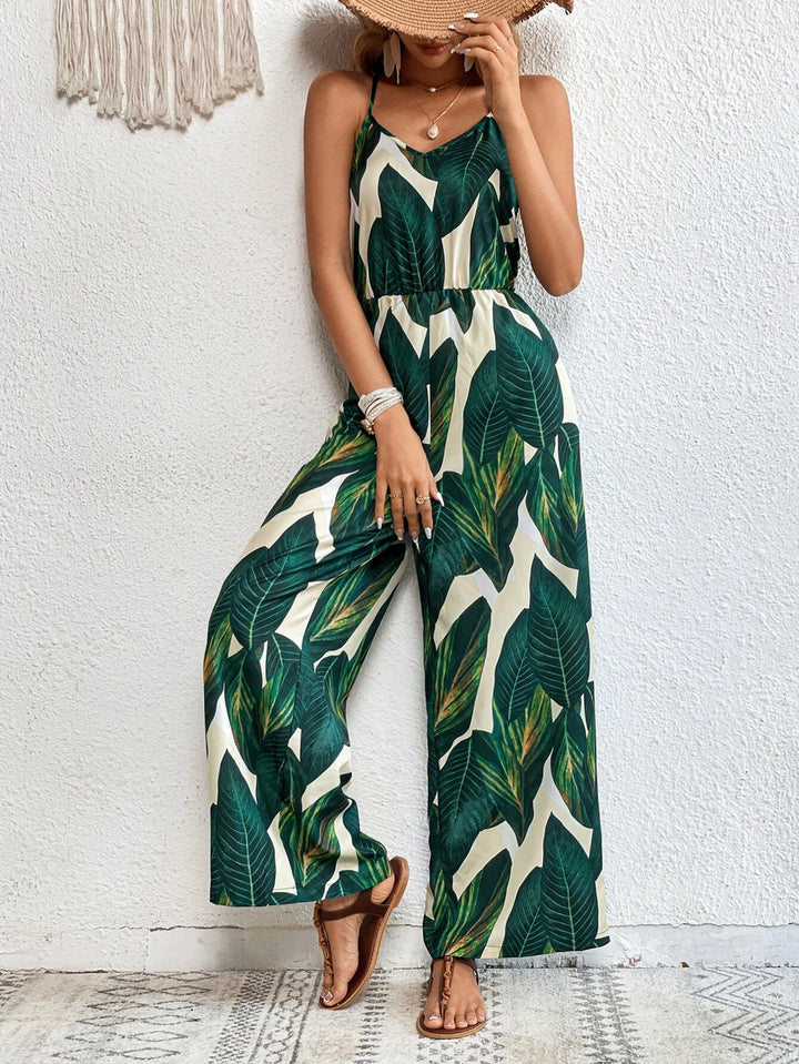Tropical Print Wide Leg Cami Jumpsuit Without Belt
