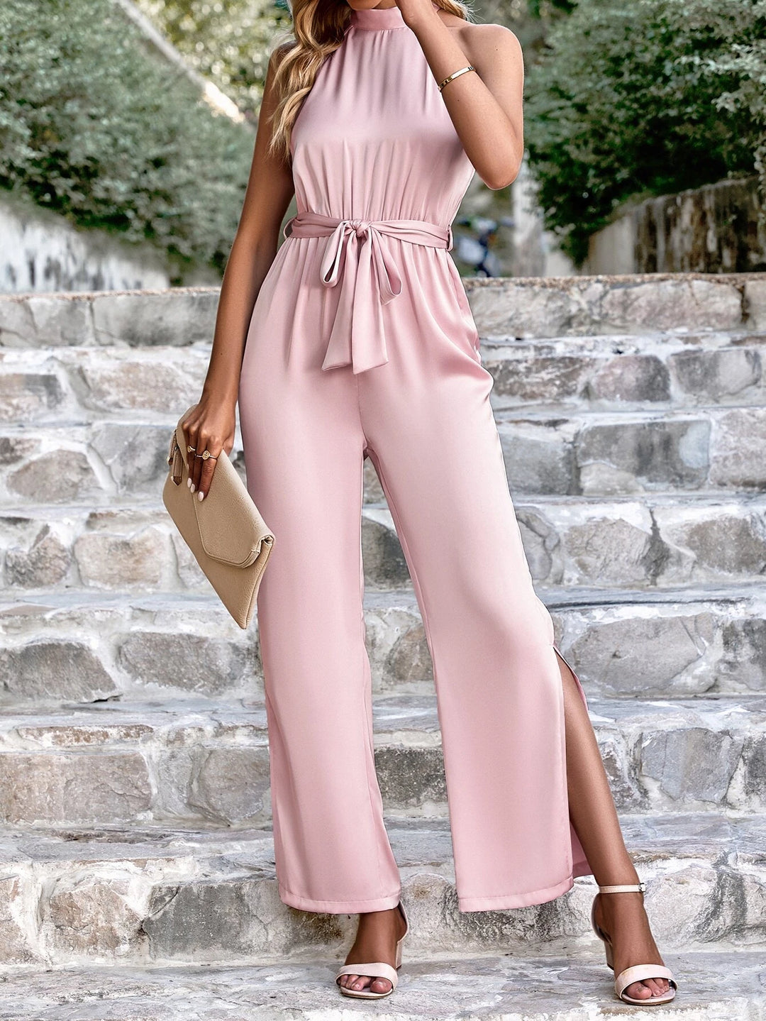 Tie Back Split Hem Belted Jumpsuit