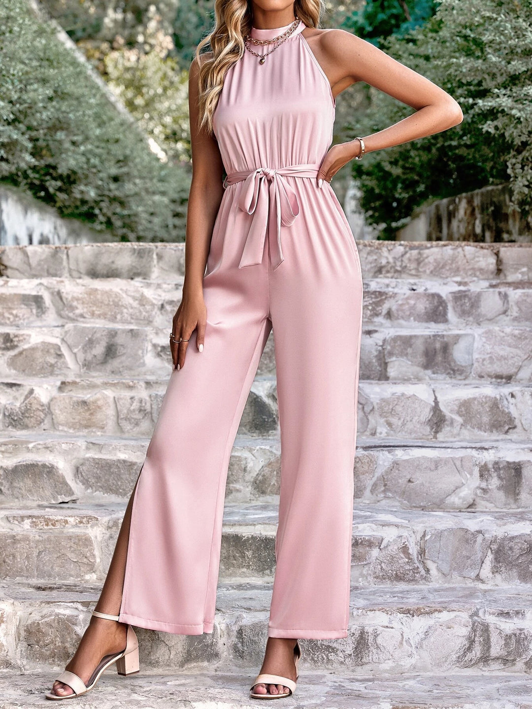 Tie Back Split Hem Belted Jumpsuit