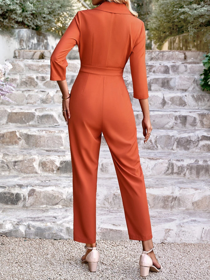 Lapel Neck Single Button Fold Pleated Jumpsuit