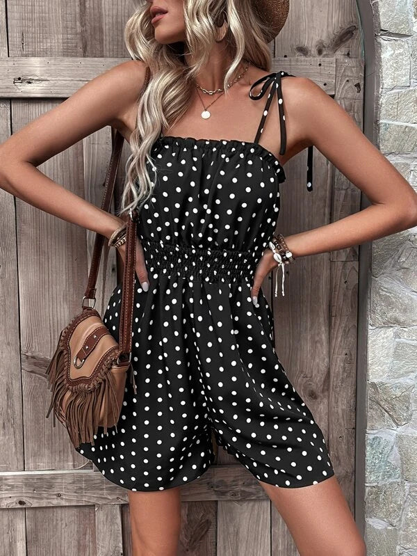 Boho Polka Dot Tie Shoulder Ruffle Hem Cami Romper