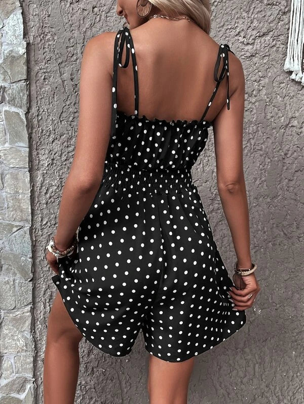 Boho Polka Dot Tie Shoulder Ruffle Hem Cami Romper