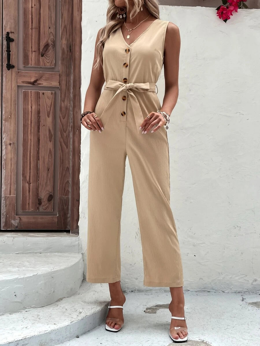 Button Front Casual Belted Tank Jumpsuit