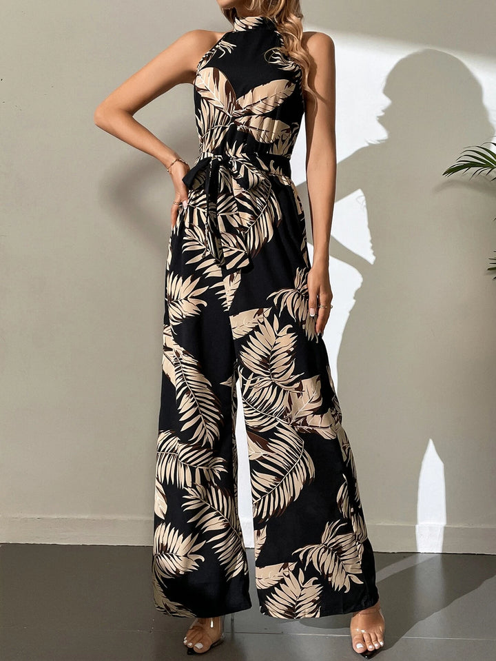 Tropical Print Belted Wide Leg Jumpsuit