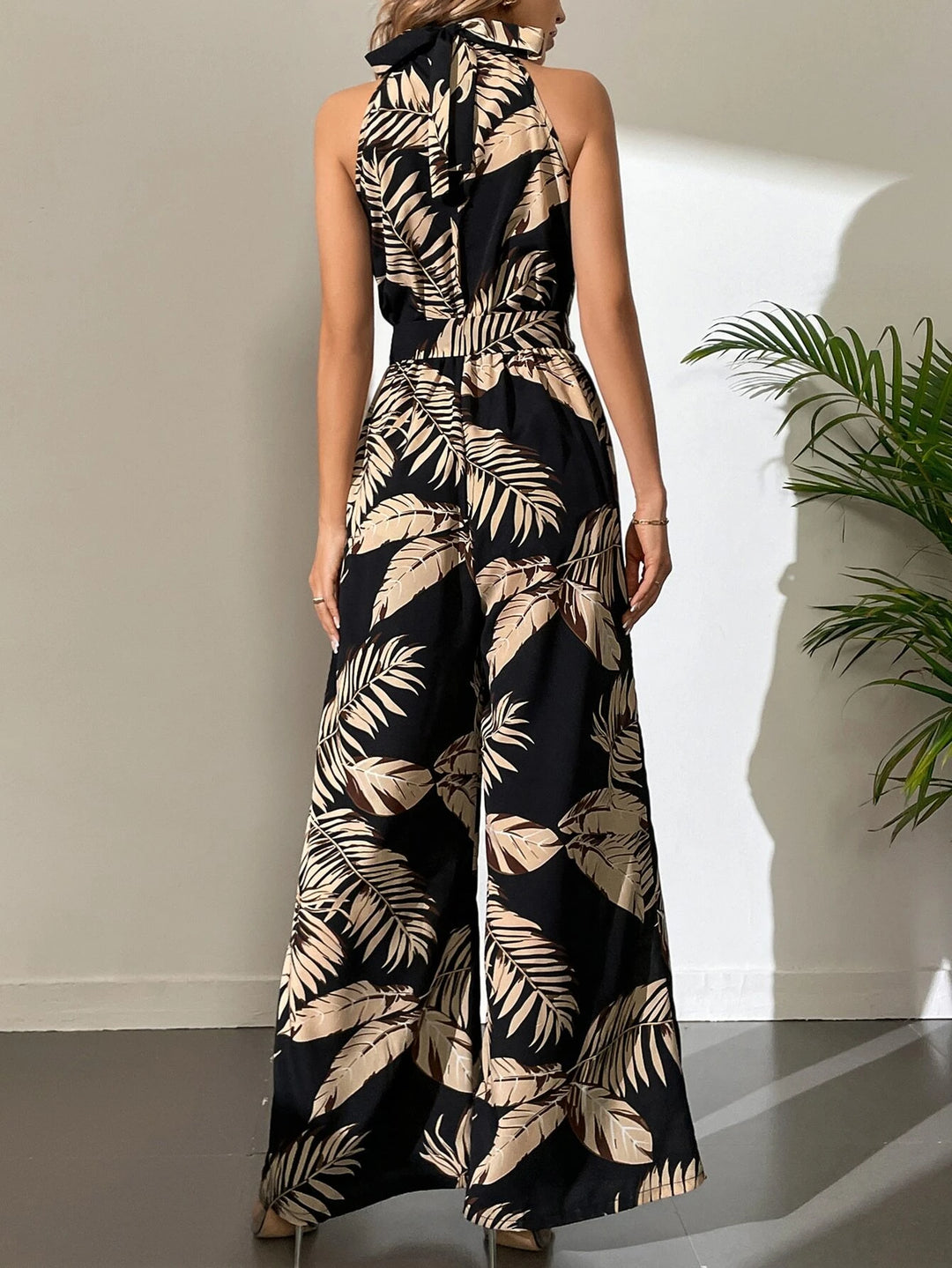 Long Tropical Print Belted Jumpsuit