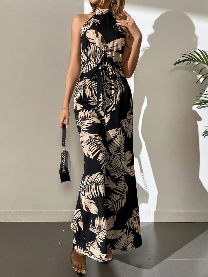 Tropical Print Belted Wide Leg Jumpsuit