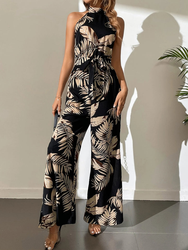 Long Tropical Print Belted Jumpsuit