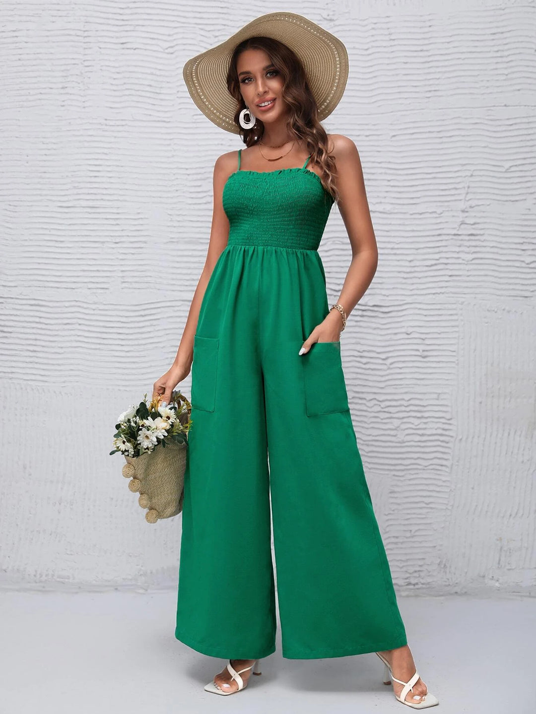 Solid Shirred Bodice Wide Leg Cami Jumpsuit