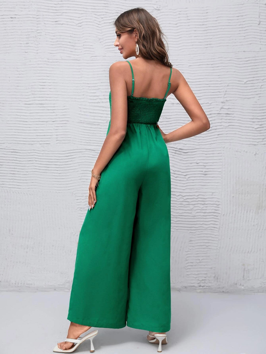 Solid Shirred Bodice Wide Leg Cami Jumpsuit