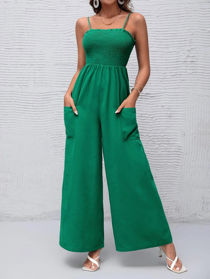 Solid Shirred Bodice Wide Leg Cami Jumpsuit