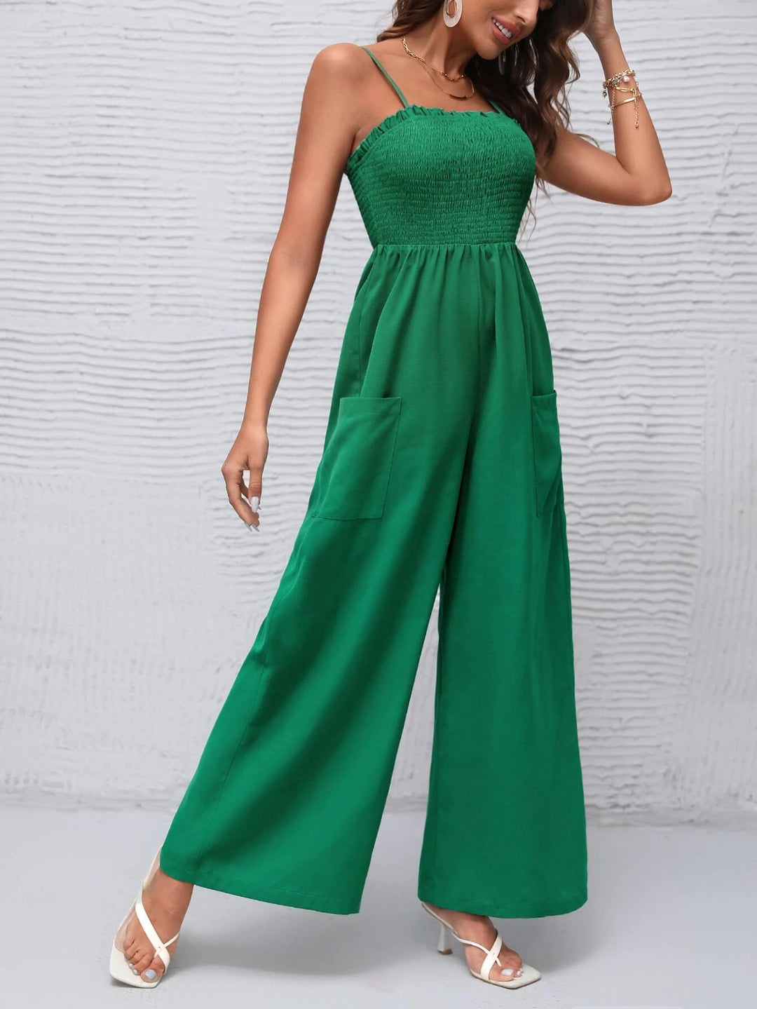 Solid Shirred Bodice Wide Leg Cami Jumpsuit