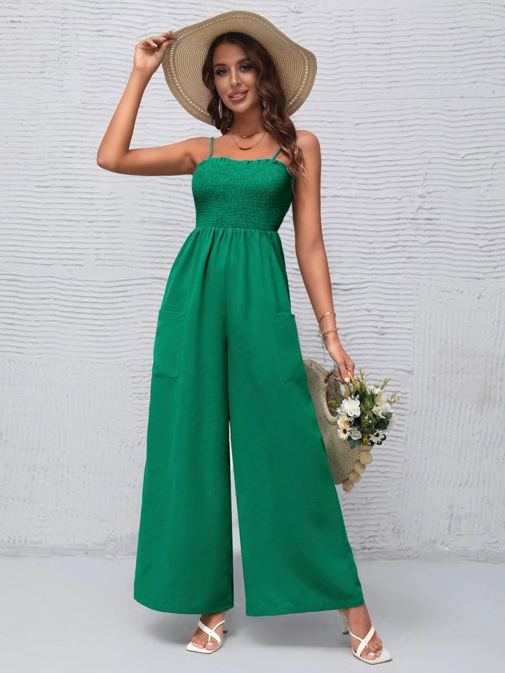 Solid Shirred Bodice Wide Leg Cami Jumpsuit